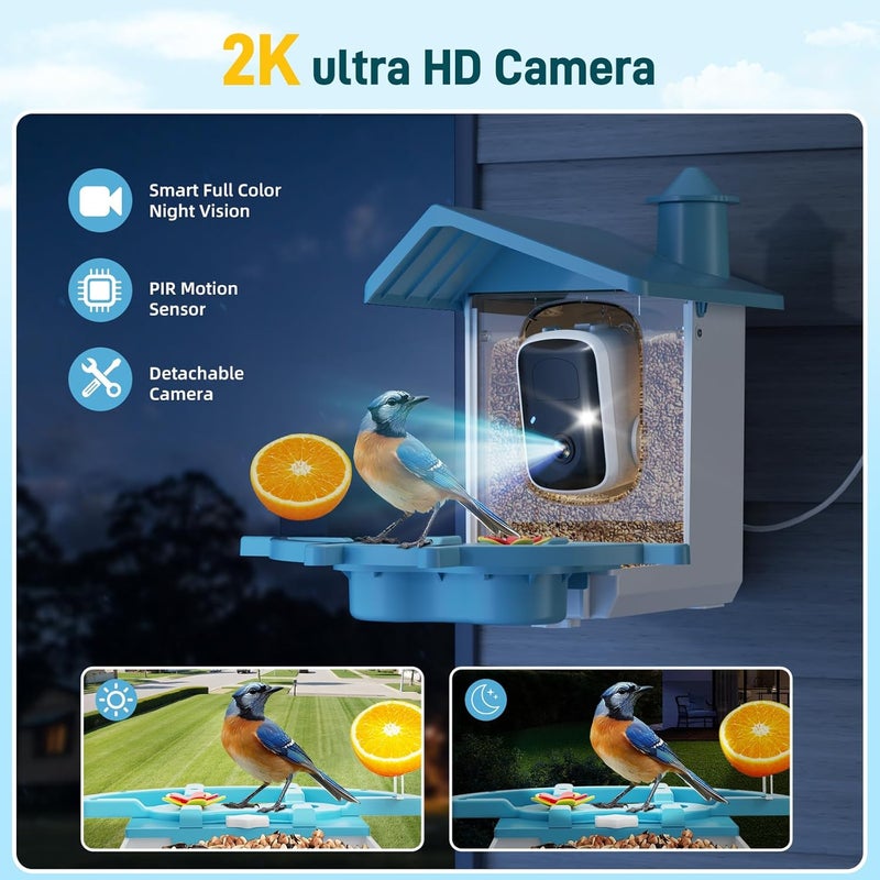 INKCKU Smart Bird Feeder with Camera, Solar Powered WiFi WildBird Watching Camera with AI Bird Recognition, 2K Auto Capture, Vicohome App Alerts, Outdoor Garden Decor Gift for Dad Mom BirdLovers (Blue) - Image 3